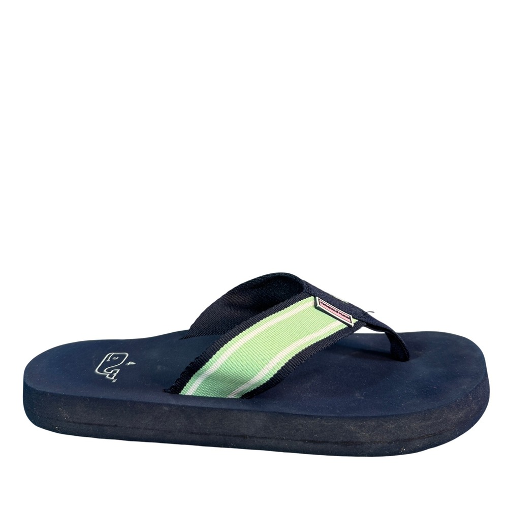 Vineyard Vines Navy Blue Green Striped Ribbon Flip Flop Sandals Kids Size 4